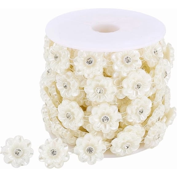 Flower Beaded Chain Trim Rhinestone Trimming 0.9inch Wide White Floral Beads Trim Applique Ribbon