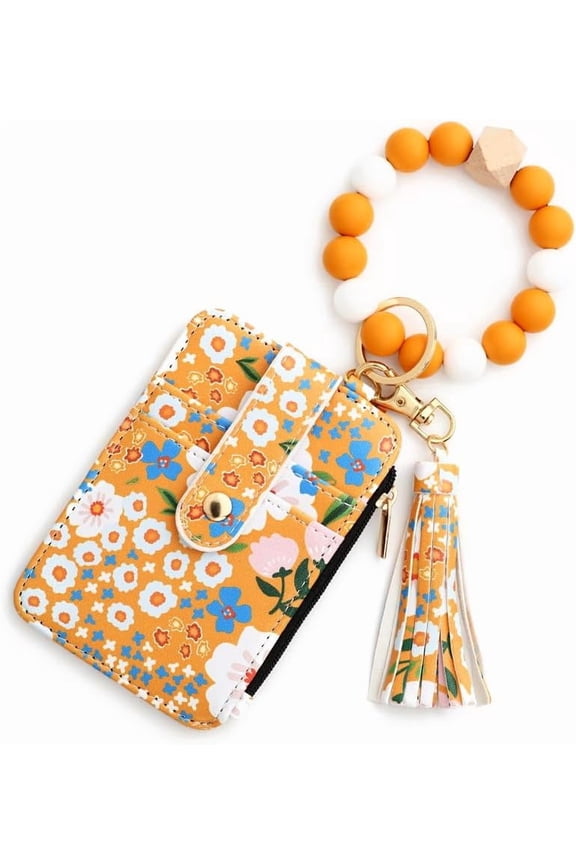Flower Beaded Wristlet Wallet for Women | Cute Silicone Card Holder | Key Ring Bracelet Wallet(LR Yellow 1 PCS)