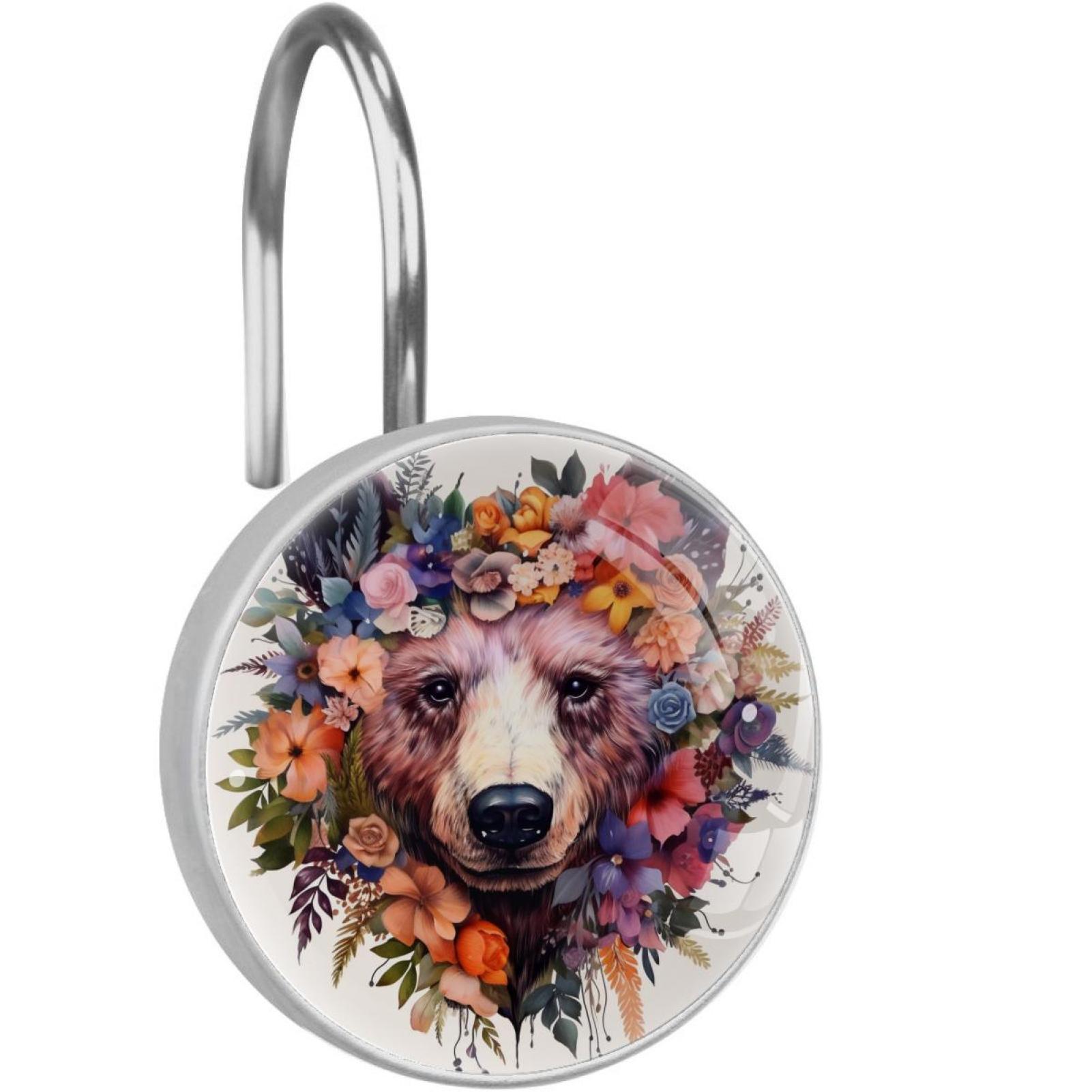 Flower Bear Shower Curtain Hooks （Set of 12） for Home Hotel Shower Rods Bathroom Crystal Glass Print Stainless Steel Round Curtain Hooks