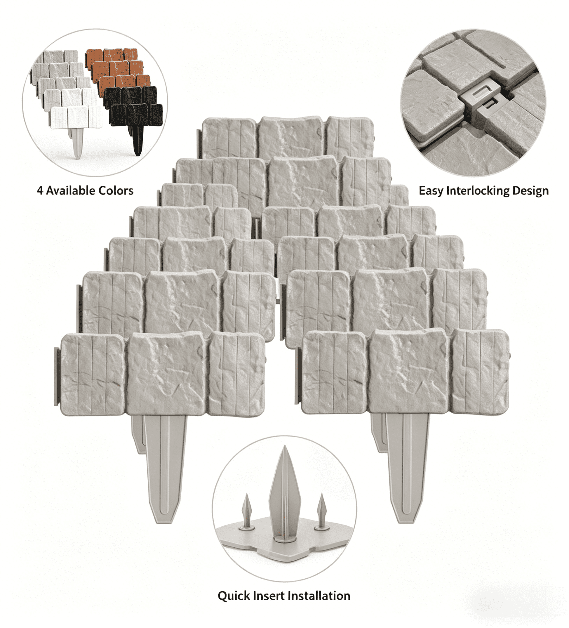 Flower Bed Plastic Retaining Edging, Imitation Stone Cobbled Garden Border, Interlocking Landscape Fence Panel for Lawn Path Yard Grass Edge Decoration (White,20Pcs)