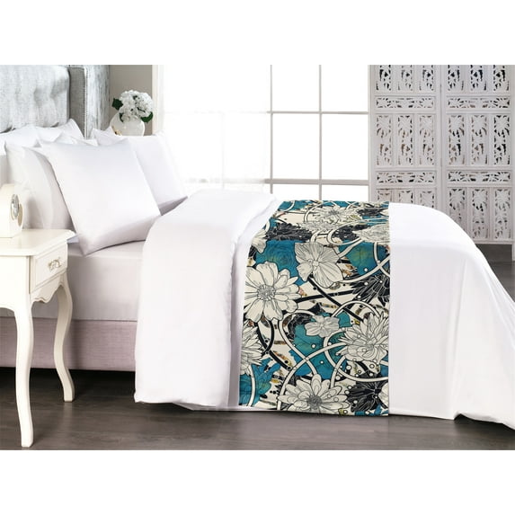 Flower Bed Runner, Abstract Outline Floral Ornaments with Swirling Watercolor Petals, Decorative Accent Bedding Scarf for Hotels Homes & Guest Rooms, Queen, Champagne and Dark Turquoise, by Ambesonne