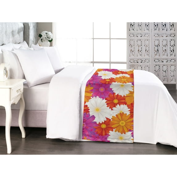 Flower Bed Runner, Colorful Continuous Pattern of Gerbera Petals Summer Floral Ornament, Decorative Accent Bedding Scarf for Hotels Homes & Guest Rooms, Queen, Purple Orange and Pearl, by Ambesonne