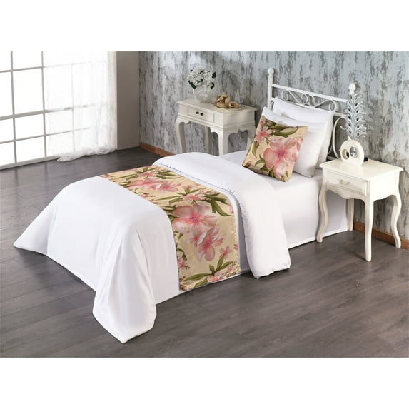 Flower Bed Runner Set, Delicate Branches of Exotic Apple Blossoms Pastel Dream Botanical Pattern, Decorative Bedding Scarf & a Pillow Sham for Hotels Homes, Twin, Peach Coral and Fawn, by Ambesonne