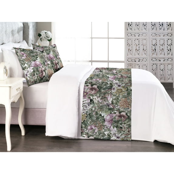 Flower Bed Runner Set, Leaves and Blossoming Petals of a Spring Garden Flourishing Ornaments, Decorative Bedding Scarf & 2 Pillow Shams for Hotels Homes, King, Grey Pink and Sage Green, by Ambesonne