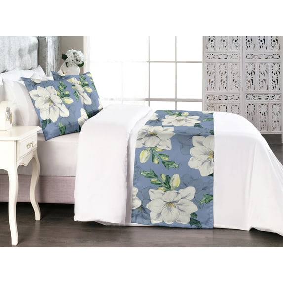 Flower Bed Runner Set, Watercolor Summer Floral Print with Garden Blossoms Foliage Pattern, Decorative Bedding Scarf & 2 Pillow Shams for Hotels Homes, King, Ceil Blue Green and Cream, by Ambesonne