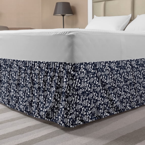 Flower Bed Skirt, Foliage Leaf Silhouette Pattern on Dark Background Blossoming Nature Design, Elastic Bedskirt Dust Ruffle Wrap Around for Bedding Decor, 4 Sizes, Dark Blue and White, by Ambesonne