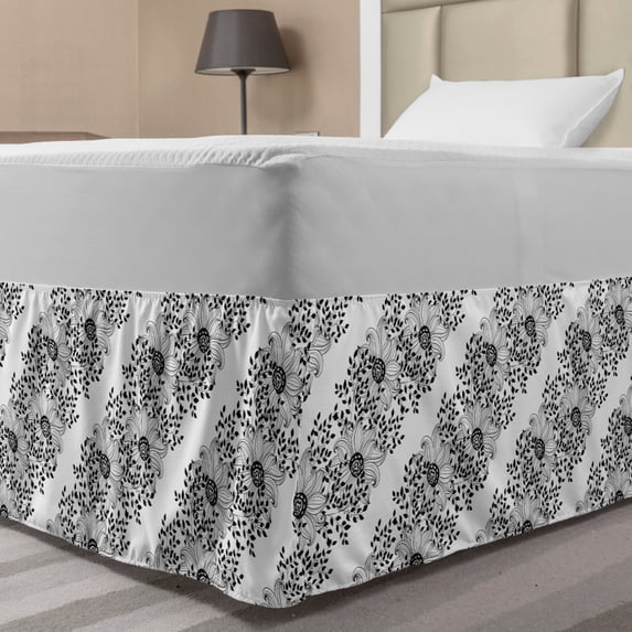 Flower Bed Skirt, Monochrome Style Vintage Pattern of Outline Floral Damask with Leaves, Elastic Bedskirt Dust Ruffle Wrap Around for Bedding Decor, 4 Sizes, Charcoal Grey and White, by Ambesonne