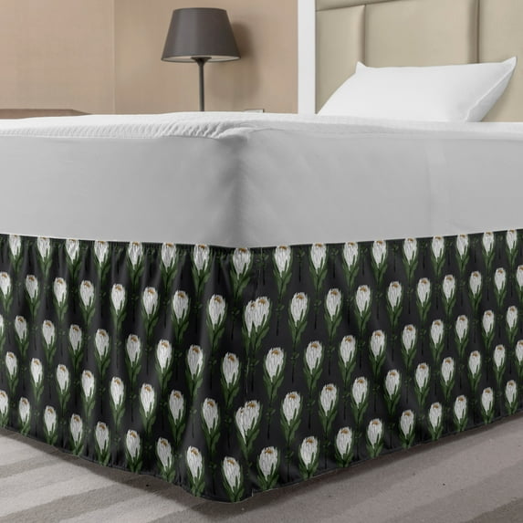Flower Bed Skirt, Vintage Inspired Floral Pattern with Proteas, Elastic Bedskirt Dust Ruffle Wrap Around for Bedding Decor, 4 Sizes, Olive Green Dark Grey, by Ambesonne
