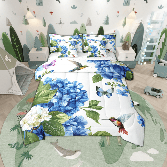 Flower Bedding Comforter Sets 7Pcs Hummingbird Butterfly Bed In A Bag,Navy Blue Floral Twin Bedding Sets Spring Botanical And Animal Themed Sheet Set With Comforter Bedroom Decor