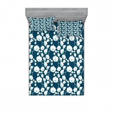 Flower Bedding Set with Sheet & Covers, Classic Orchids Shabby Blossom Feminine Vintage Botany Beauty Art, Printed Bedroom Decor 2 Shams, 4 Sizes, Petrol Blue White Teal, by Ambesonne