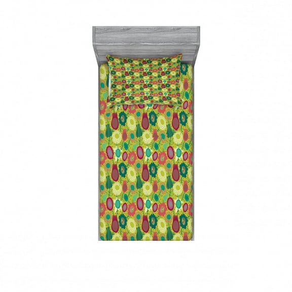 Flower Bedding Set with Sheet & Covers, Doodle Kids Style Floral Pastel Botanical Childish Blooms Tulips Gardening Theme, Printed Bedroom Decor 2 Shams, 4 Sizes, Multicolor, by Ambesonne