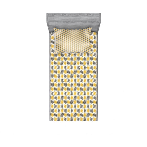 Flower Bedding Set with Sheet & Covers, Doodle Style Arrangement with Bicolor Petals Simplistic Nature Growth, Printed Bedroom Decor 2 Shams, 4 Sizes, Earth Yellow and Grey, by Ambesonne