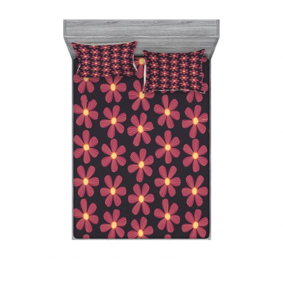 Flower Bedding Set with Sheet & Covers, Doodle Style Botanical Elements on a Dark Toned Background, Printed Bedroom Decor 2 Shams, 4 Sizes, Magenta Grey, by Ambesonne