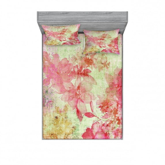 Flower Bedding Set with Sheet & Covers, Floral Design with a Grunge Style Dated Background Retro Artisan Pattern, Printed Bedroom Decor 2 Shams, 4 Sizes, Pink and Green, by Ambesonne