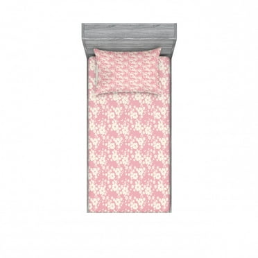 Flower Bedding Set with Sheet & Covers, Floral Feminine Pattern with Repeating Silhouette Petals and Leaflets, Printed Bedroom Decor 2 Shams, 4 Sizes, Pale Pink and Eggshell, by Ambesonne