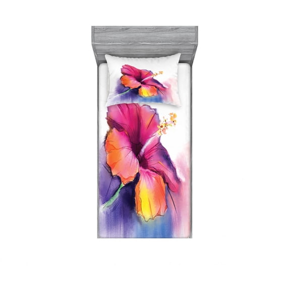 Flower Bedding Set with Sheet & Covers, Hibiscus Flower in Pastel Abstract Colorful Romantic Petal Pattern Artwork Print, Printed Bedroom Decor 2 Shams, 4 Sizes, Multicolor, by Ambesonne