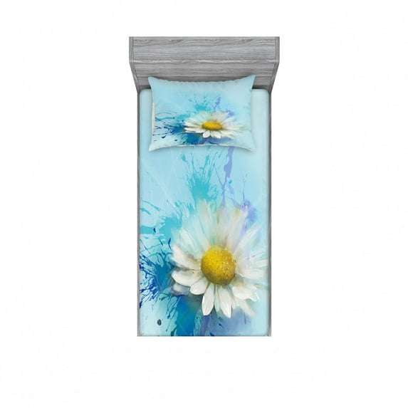 Flower Bedding Set with Sheet & Covers, Oil Painting Chamomile Pattern with Splash on Background Image Pastoral Expression, Printed Bedroom Decor 2 Shams, 4 Sizes, White Blue, by Ambesonne