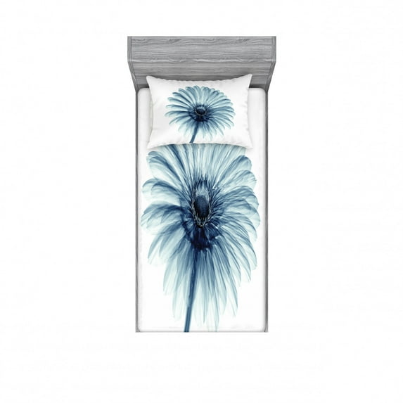 Flower Bedding Set with Sheet & Covers, Photo of a Daisy Flower with X-rays Different Look to the Plants in Nature Art Print, Printed Bedroom Decor 2 Shams, 4 Sizes, Teal White, by Ambesonne