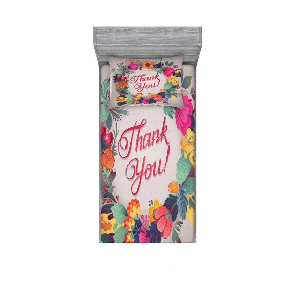 Flower Bedding Set with Sheet & Covers, Retro Style Thank You Note with Ceramic Made Like Flowers Cherries and Leaves Print, Printed Bedroom Decor 2 Shams, 4 Sizes, Multicolor, by Ambesonne