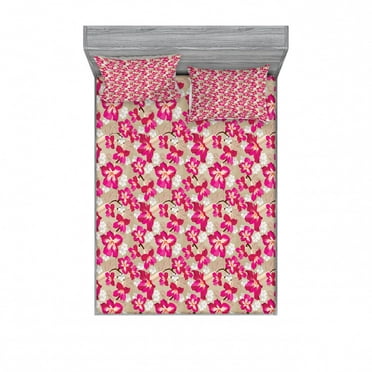 Flower Bedding Set with Sheet & Covers, Tropical Blooms Hibiscus Petals Caribbean Vibes Aloha Seascape Summer Pattern, Printed Bedroom Decor 2 Shams, 4 Sizes, Magenta White Tan, by Ambesonne