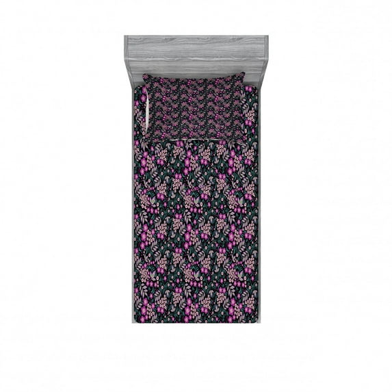 Flower Bedding Set with Sheet & Covers, Vibrant Blooms Leaves Violet Bluebells Berries Botanical Pattern, Printed Bedroom Decor 2 Shams, 4 Sizes, Dark Magenta Jade Green, by Ambesonne