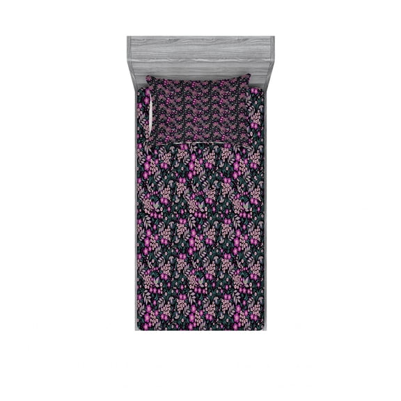 Flower Bedding Set with Sheet & Covers, Vibrant Blooms Leaves Violet Bluebells Berries Botanical Pattern, Printed Bedroom Decor 2 Shams, 4 Sizes, Dark Magenta Jade Green, by Ambesonne