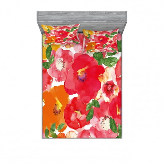 Flower Bedding Set with Sheet & Covers, Watercolor Styled Effect Floral Theme Flowers and Leaves Pattern Art, Printed Bedroom Decor 2 Shams, 4 Sizes, Red and Orange, by Ambesonne