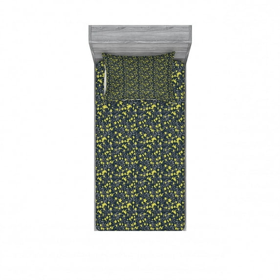 Flower Bedding Set with Sheet & Covers, Wildflowers Botanical Petals and Foliage Leaf Composition, Printed Bedroom Decor 2 Shams, 4 Sizes, Blue Grey Sage Green, by Ambesonne