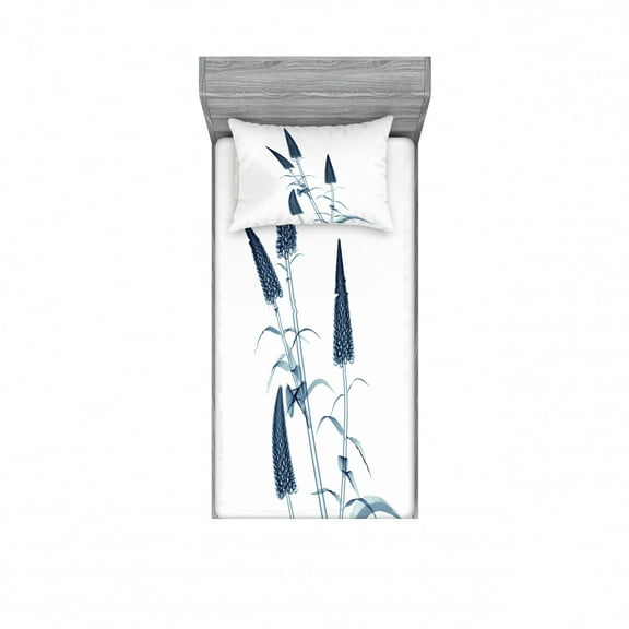 Flower Bedding Set with Sheet & Covers, X-ray Picture of a Flower Floral Pattern Contemporary Modern Design Artwork Image, Printed Bedroom Decor 2 Shams, 4 Sizes, Teal White, by Ambesonne