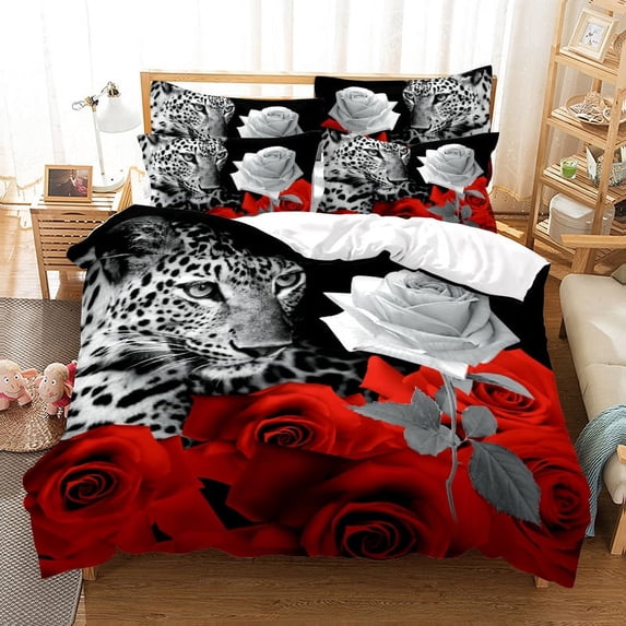 Flower Bedroom 3PCS Single Twin King Full Double HD 3D Case Pillow Comforter Cover Duvet Quilt Set Bedding Rose Red