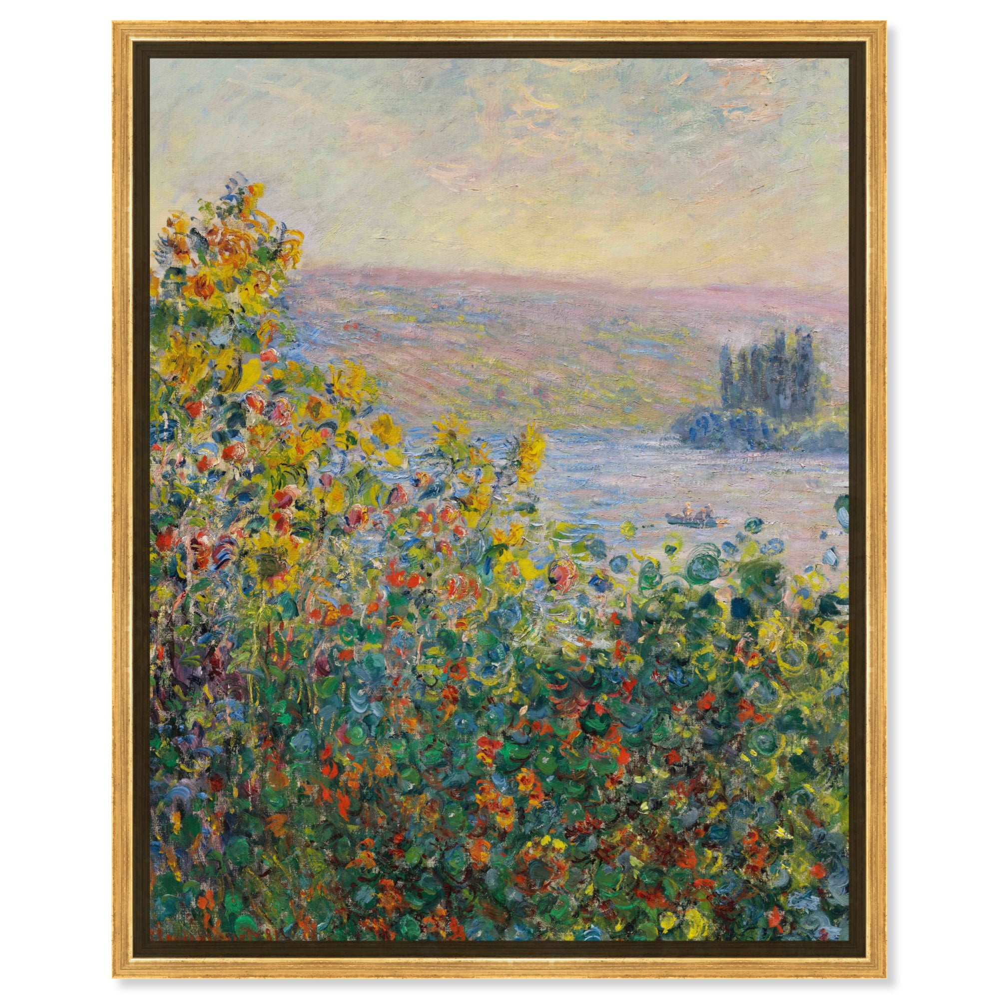 Flower Beds at Vetheuil Gold Framed Landscape Canvas Art