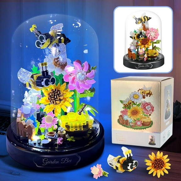 Flower Bee Bouquet Building Blocks with LED String Light, Bee Flowers Botanical Collection, 588 Pcs Mini Bricks Toy for Boys & Girls, Adults, Gift for Birthday, Christmas, Mother's Day