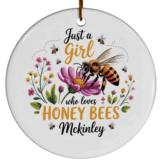 Flower Bee Christmas Ornaments for Tree, Custom Name Text Bee Lovers Gift for Birthday, New Year, Christmas 2025, Circle Christmas Ornament, Xmas 2025 Keepsake, Christmas Gift