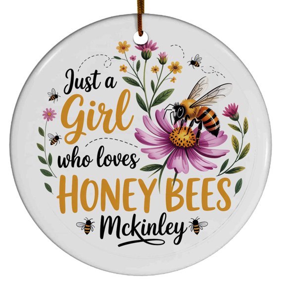 Flower Bee Christmas Ornaments for Tree, Custom Name Text Bee Lovers Gift for Birthday, New Year, Circle Christmas Ornament, Ceramic Christmas Ornament
