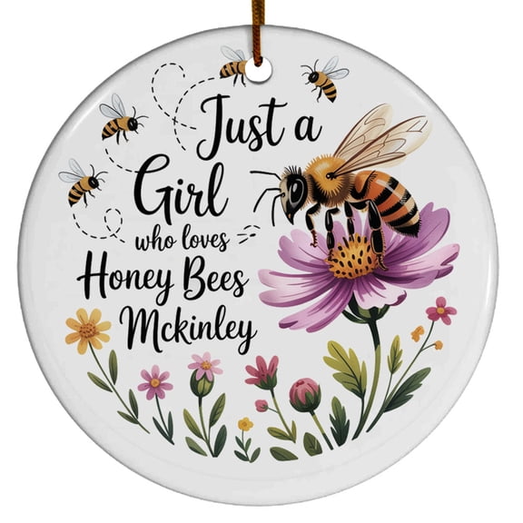 Flower Bee Christmas Ornaments for Tree, Custom Name Text Bee Lovers Gift for Birthday, New Year, Circle Christmas Ornament