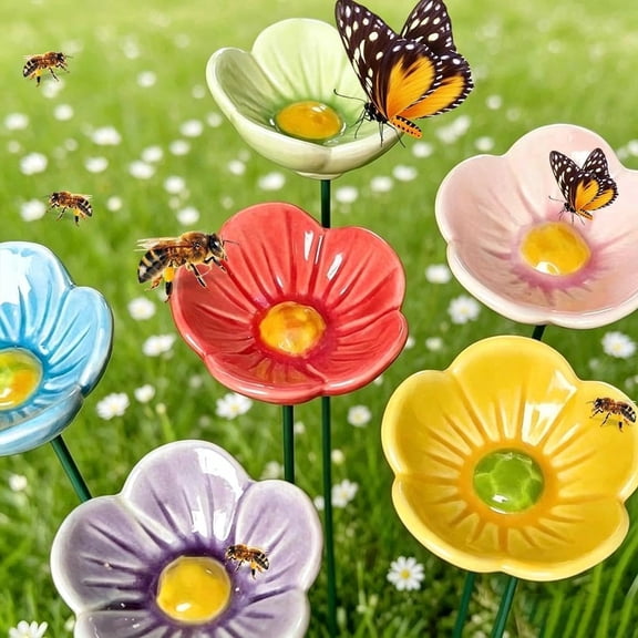 Flower Bee Drinking Station for the Garden, Ceramic Bee Watering Station, Flower Shaped Bee Watering Station Bird Bath Water, Butterfly Drinking Cup Bees Bath Bowl Gardens Stakes