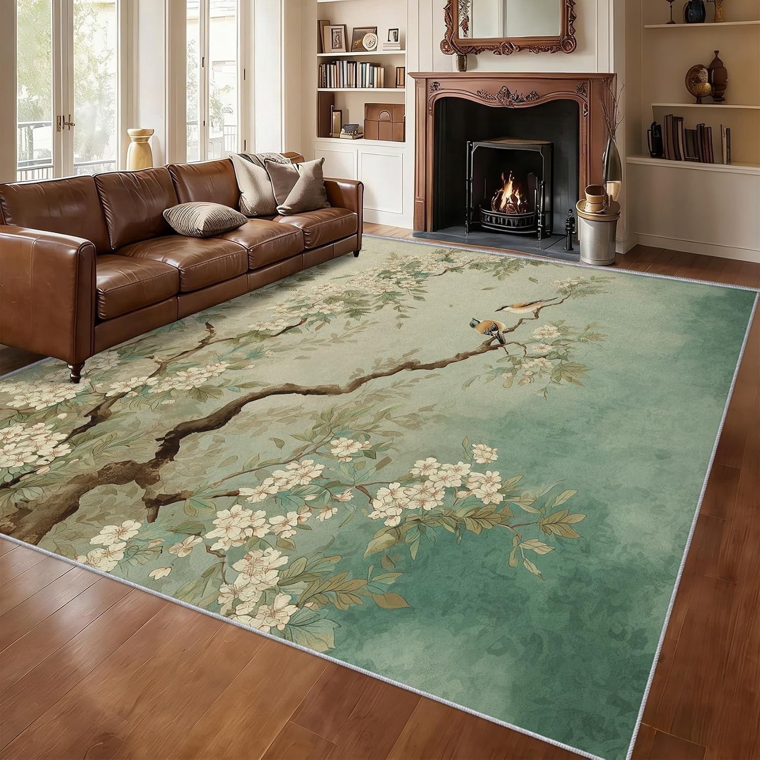 Flower Bird Area Rugs, Cherry Blossom Oriental Carpet, Washable Non ...
