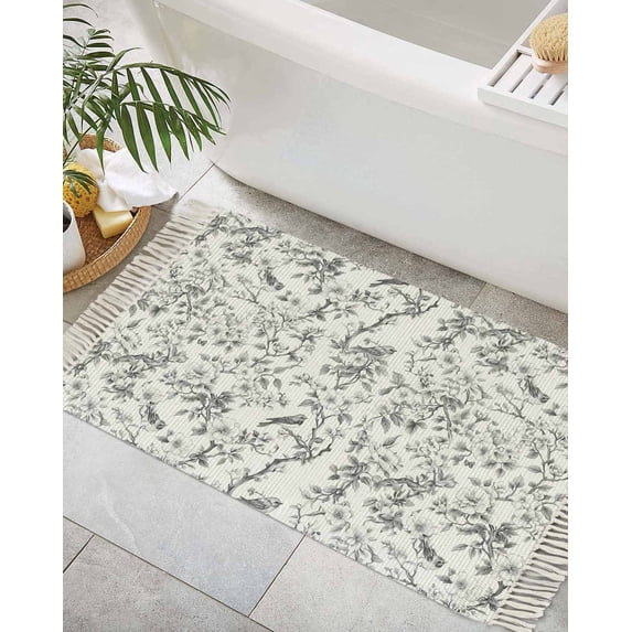 Flower Bird Bath Rug 2x3ft Woven Bathroom Entryway Runner Rug,Grey Elegant Floral Spring Plant Watercolor Washable Living Room Hallway Bedroom Kitchen Carpet with Tassels,Indoor Outdoor Doormat