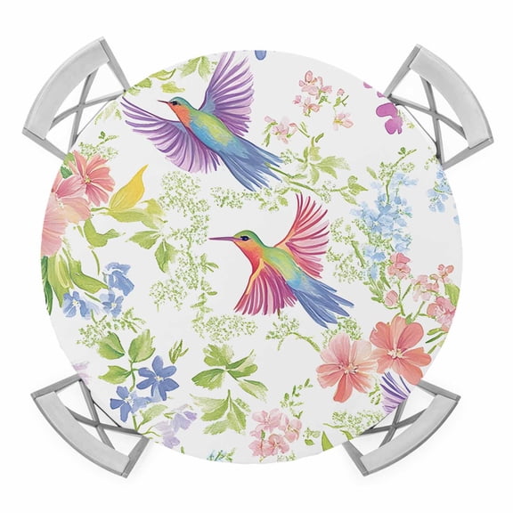 Flower Bird Elastic Fitted Round Table Cover Spring Scenery Waterproof Outdoor Tablecloth for Holiday Party, Picnic, Patio & Dining Fits Tables Up to 55"-60"
