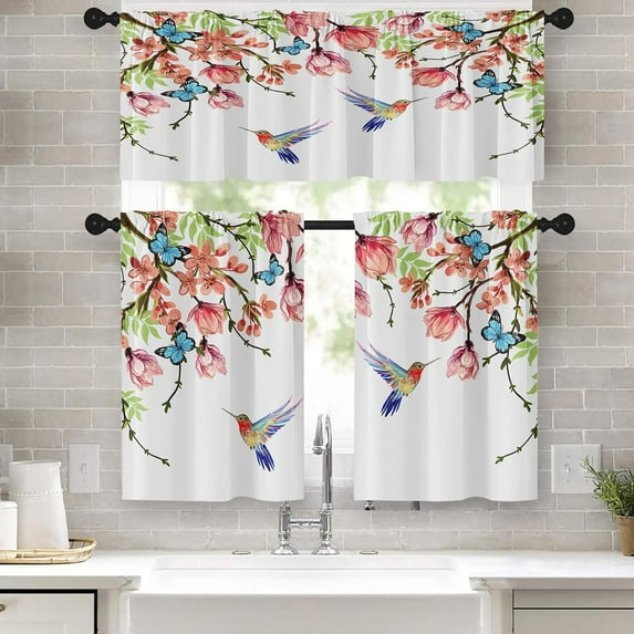 Flower and Bird Kitchen Curtains Butterfly Window Curtains and Valances Set 36 Inch, Watercolor Pink Botanical Short Tier Curtain for Kitchen, Spring Floral Small Kitchen Decor 52" x 24"