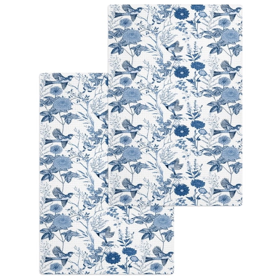 Flower Bird Kitchen Dish Towels for Drying Dishes Set of 2, Vintage Blue Garden Country Wildflower Waffle Weave Microfiber Hand Tea Bathroom Towels Quick Dry & Absorbent Towel 15.7x23.6