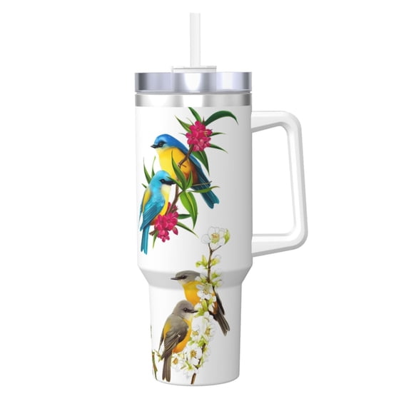 Flower Bird Personalized Insulated Tumbler with Handle 40OZ Custom Cups with Lid and Straw Double-Vacuum-Sealed For Hot/Cold Beverages Gifts for Women & Men