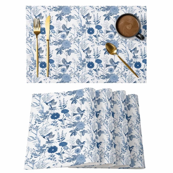 Flower Bird Placemats Set of 4, Vintage Blue Garden Country Wildflower Placemats for Dining Table, Place Mats for Kitchen Tabletop, Waterproof Wipeable Dining Table Mats Set