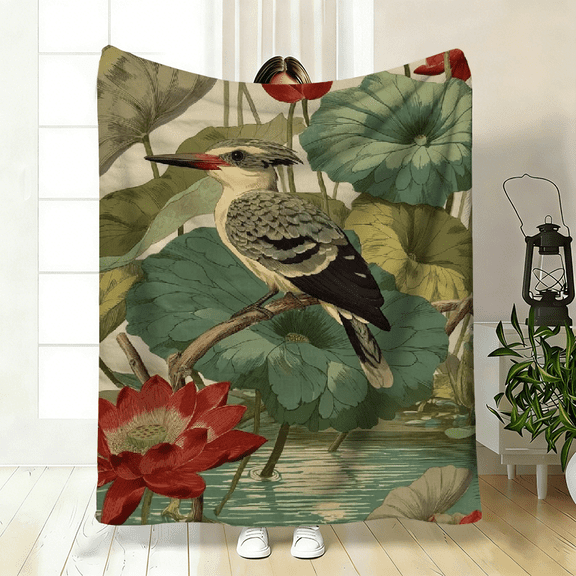 Flower Bird Print Flannel Blanket - Soft Warm Fuzzy All-Season Bedspread, Soft and Warm, Ideal for Travel, Camping, Sofa, Livingroom, Couch, Chair, Bed, Gift for Family or Friends.