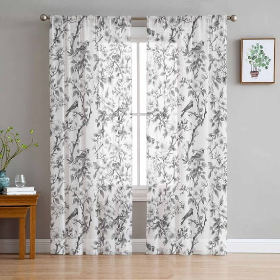Flower Bird Semi Sheer Curtains 96 Inch Length 2 Panels Set, Grey Elegant Floral Spring Plant Watercolor Sheer Kitchen Curtain Privacy Voile Window Curtain for Living Room Bedroom Rod Pocket Drapes