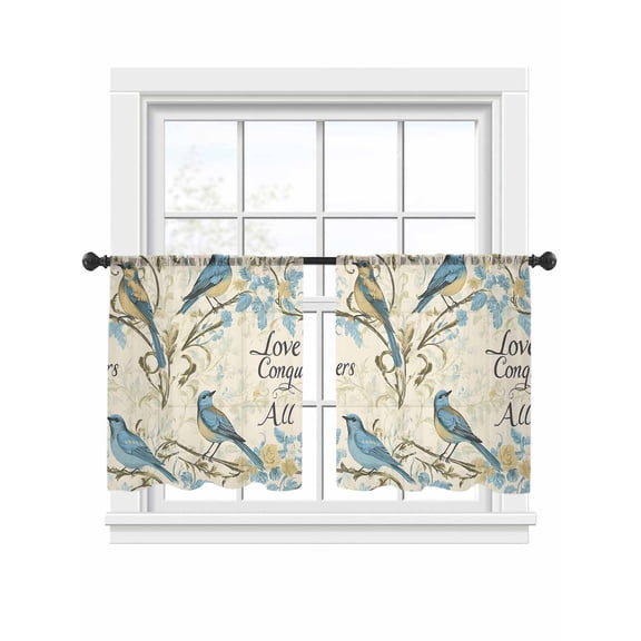 Flower Bird Sheer Curtains 2 Panels Set Vintage Floral Blue Flower Watercolor Sheer Window Curtains Light Filtering Rod Pocket Voile Drapes for Bedroom Living Room 52"x45"