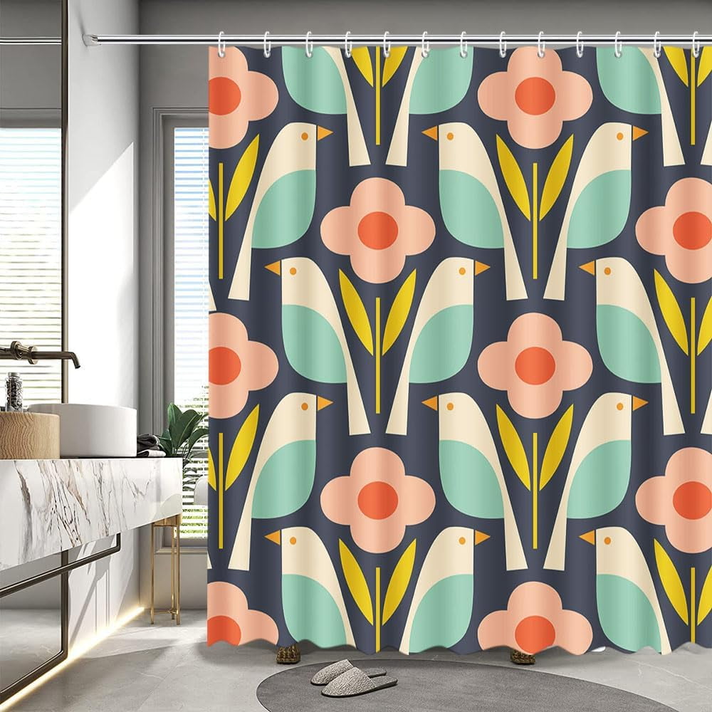 Flower Bird Shower Curtain Vintage Mid Century Modern Abstract ...