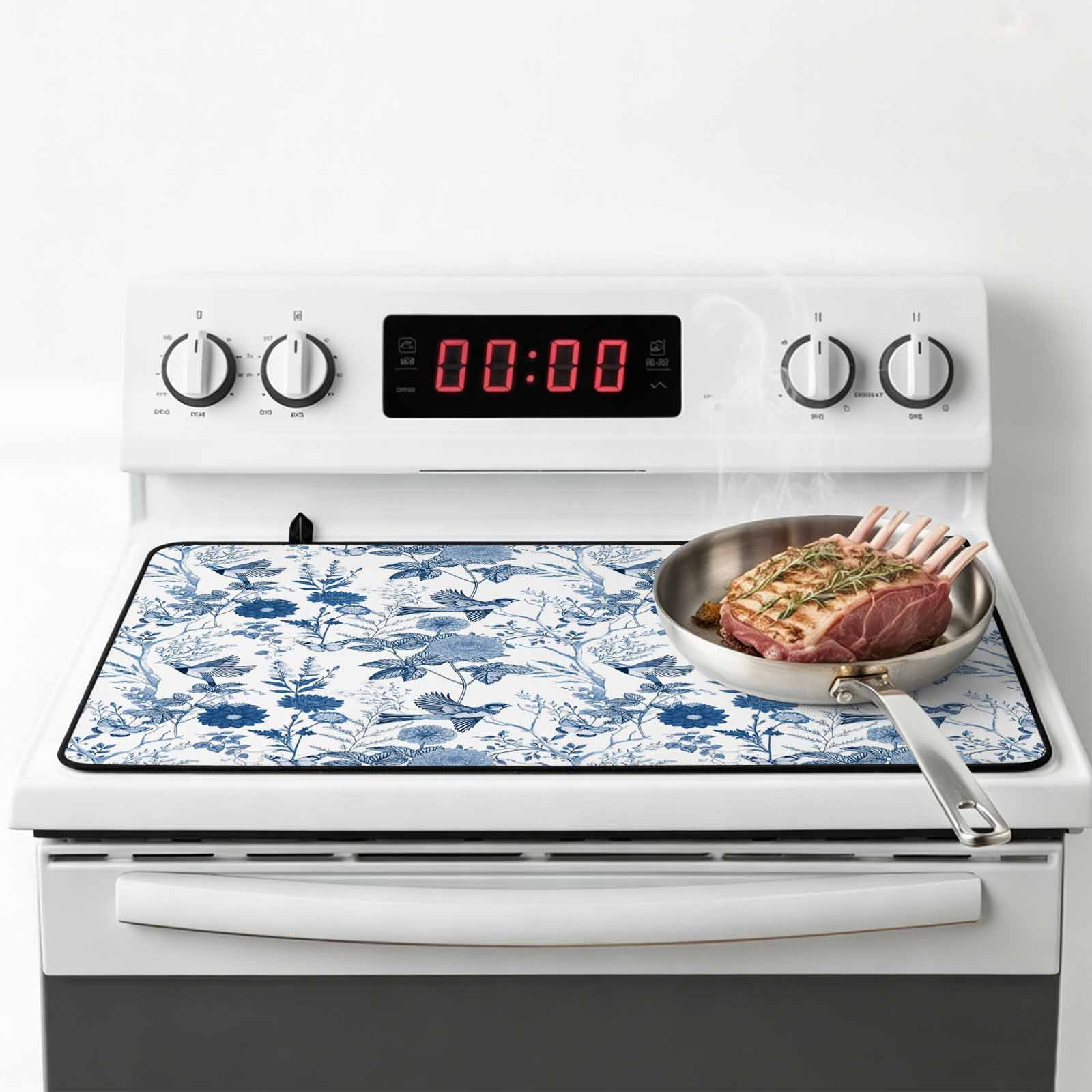Flower Bird Stove Top Cover for Electric Stove, Heat-proof & Non Slip Glass Top Stove Cover Protector, Vintage Blue Garden Country Wildflower Kitchen Flat Cooktop Rubber Mat 28.5x20.5 Inches