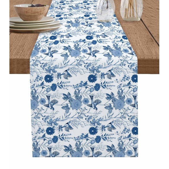 Flower Bird Table Runner 108 Inches, Vintage Blue Garden Country Wildflower Bed Runner Dresser Scarves Tabletop for Indoor Outdoor Parties/Ceremony/Banquet, 13"x 108"