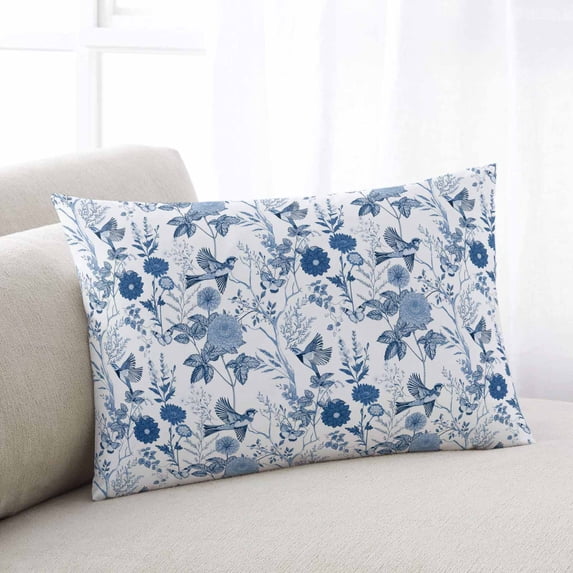 Flower Bird Throw Pillow Cover, Pillowcase Protectors with Zipper, Breathable Decorative Lumbar Pillow Case Cover, Vintage Blue Garden Country Wildflower Pillow Shams for Couch Sofa 16x24Inch